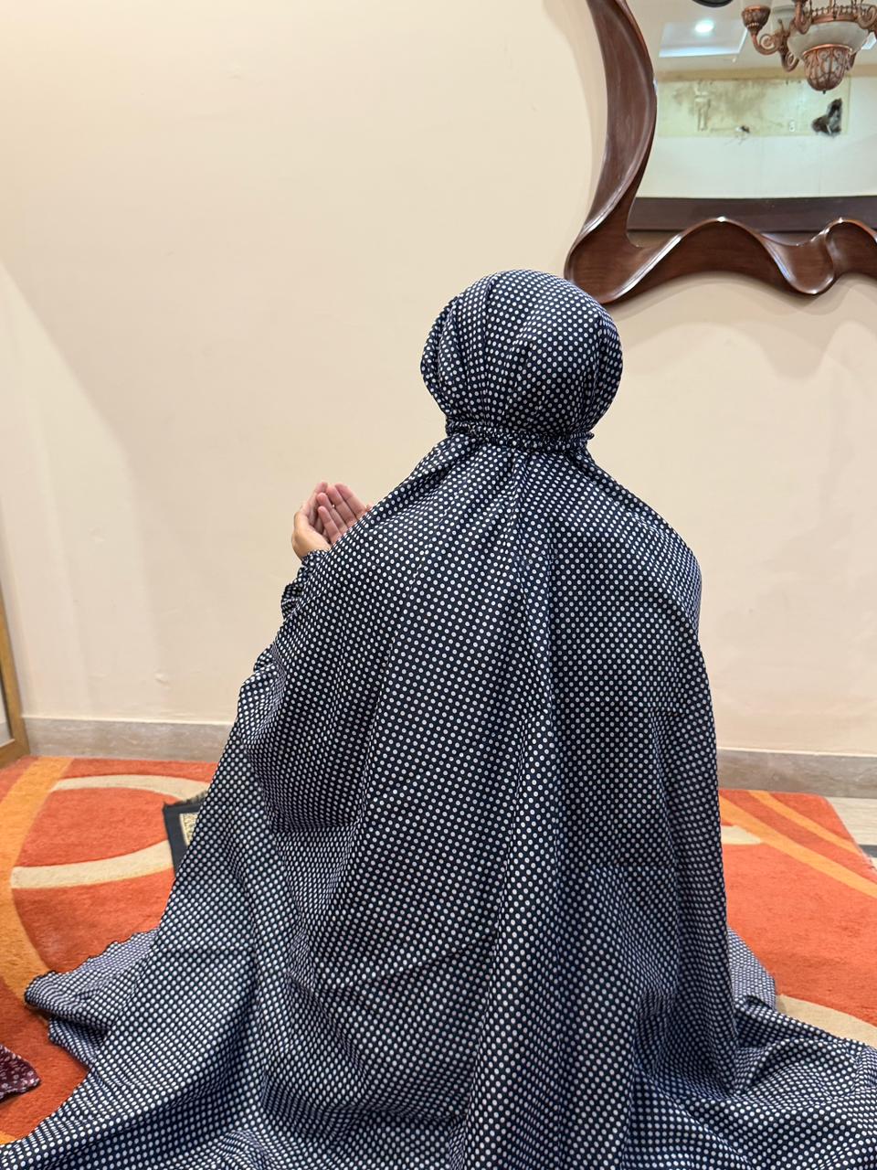 Navy blue polka dot namaz chaadar wudu friendly elastic sleeves head lightweight full coverage prayer chadar women Pakistan