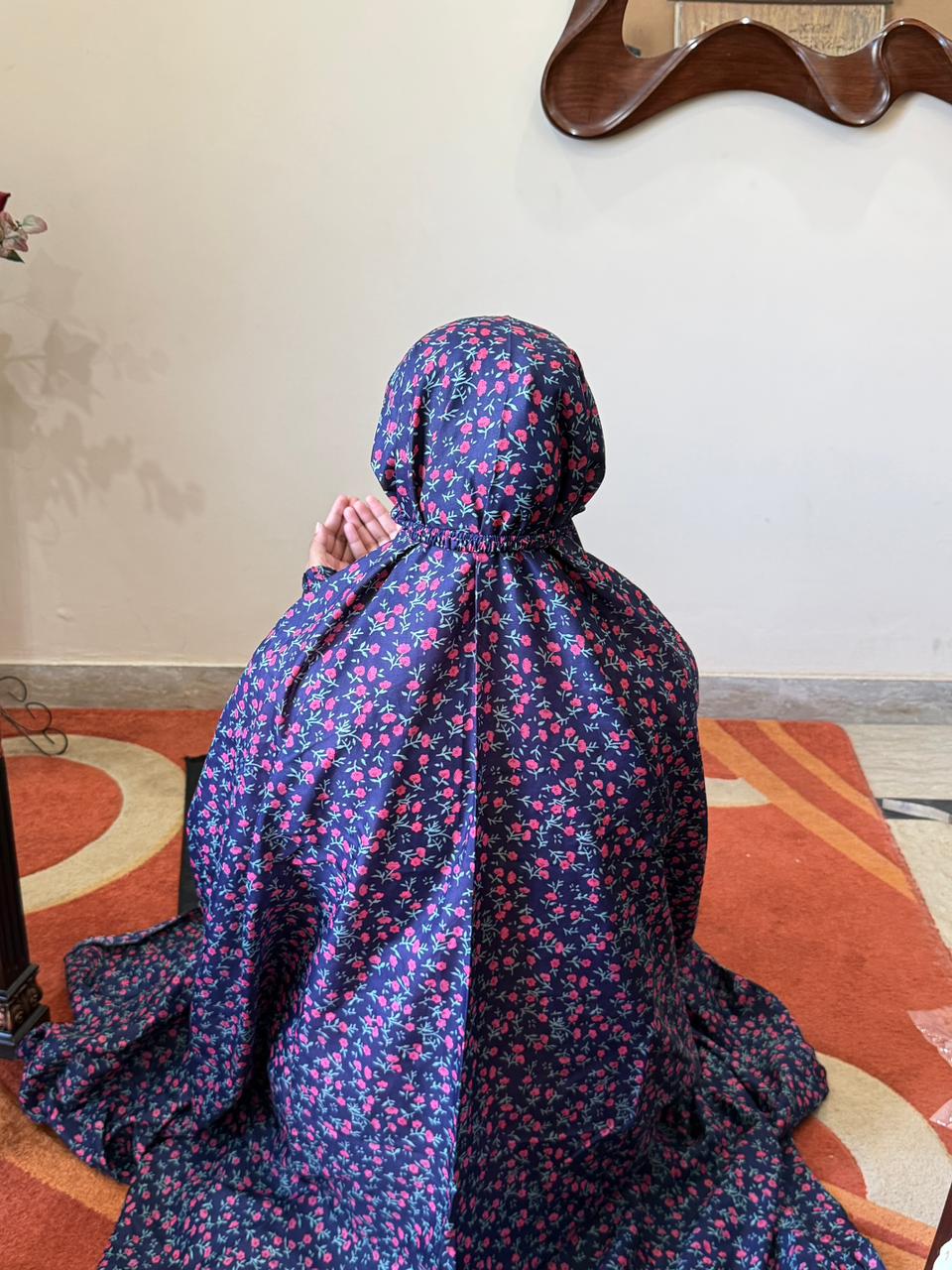 
Navy blue namaz chaadar pink floral wudu friendly elastic sleeves head full coverage prayer chadar women Pakistan
