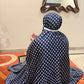 Navy blue namaz chaadar with beige rings by Aynn Alif Pakistan featuring elastic sleeves, elastic headband, wudu-friendly design, breathable fabric, and full coverage prayer wear for women.