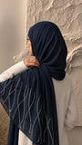 Navy blue chiffon georgette hijab with elegant stone and pearl embellishments
