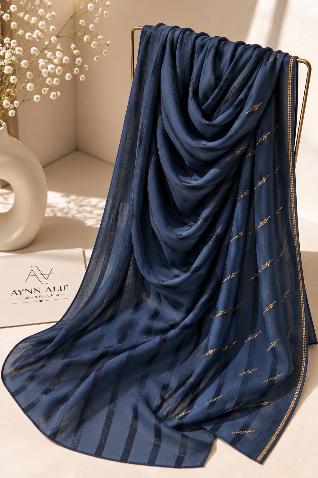 Navy blue crinkle chiffon georgette hijab with satin stripes and delicate stone-studded detailing by Aynn Alif.