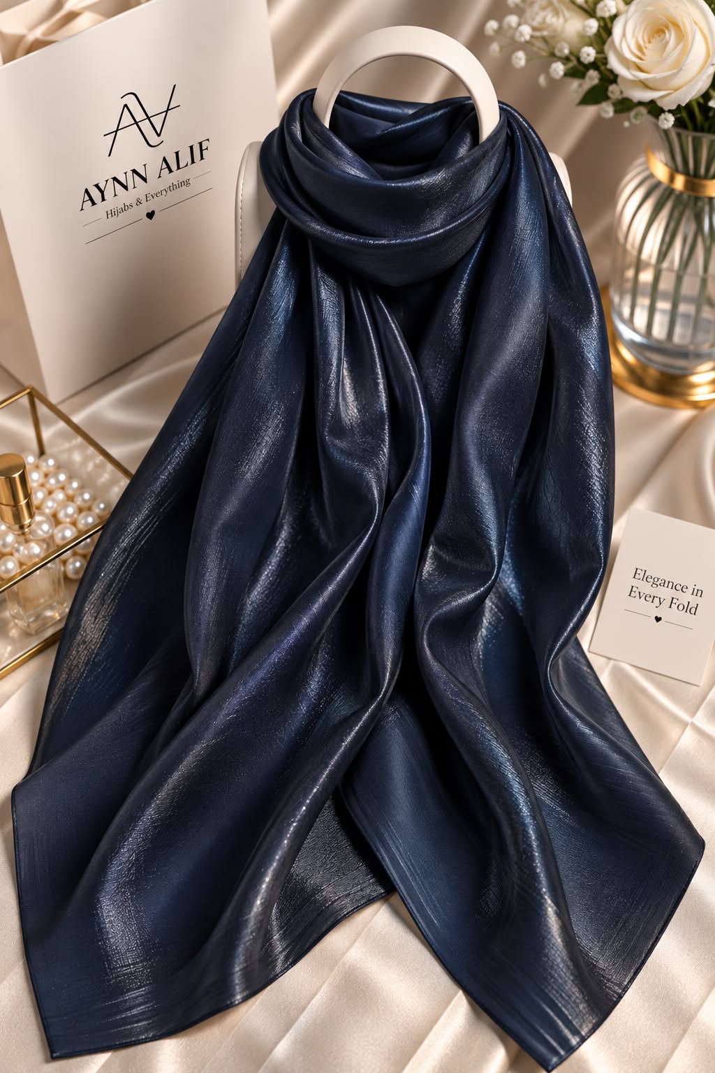 Midnight navy double tone sheen silk scarf with a luminous finish, smooth texture and elegant flowy drape by Aynn Alif.