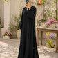 Black button-down Nidah abaya with one-side stone embellishments, embellished sleeves and matching scarf by Aynn Alif Pakistan.
