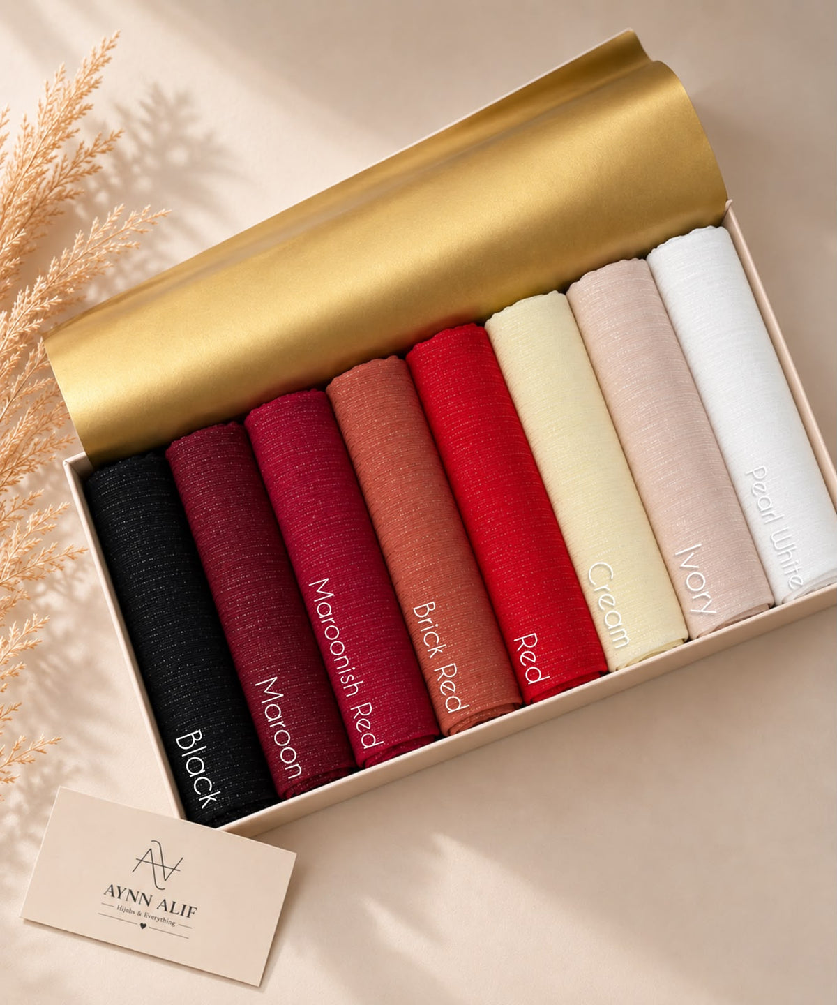 Chiffon Zari Hijab collection in Black, Maroon, Moonish Red, Brick Red, Red, Cream, Ivory and Pearl White