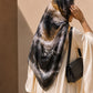 Obsidian Gold square chiffon georgette hijab in black, charcoal, antique gold, taupe and ivory abstract print by Aynn Alif Pakistan