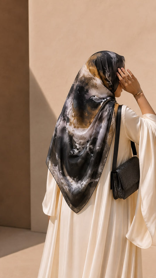 Obsidian Gold square chiffon georgette hijab in black, charcoal, antique gold, taupe and ivory abstract print by Aynn Alif Pakistan
