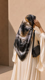 Obsidian Gold square chiffon georgette hijab in black, charcoal, antique gold, taupe and ivory abstract print by Aynn Alif Pakistan