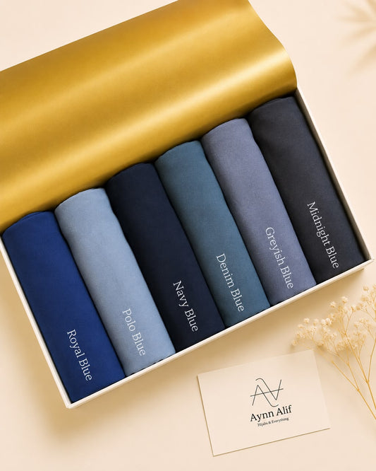 Ocean Breeze Chiffon Georgette Hijab Collection by Aynn Alif featuring Royal Blue, Polo Blue, Navy Blue, Denim Blue, Greyish Blue and Midnight Blue.