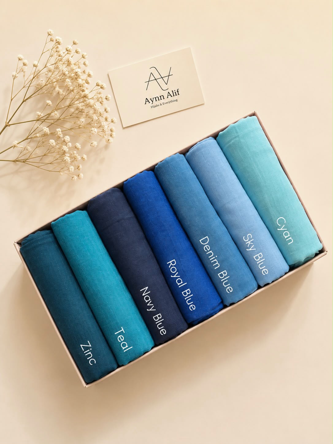 Ocean Breeze Turkish lawn large size hijabs in zinc, teal, navy blue, royal blue, denim blue, sky blue and cyan shades.