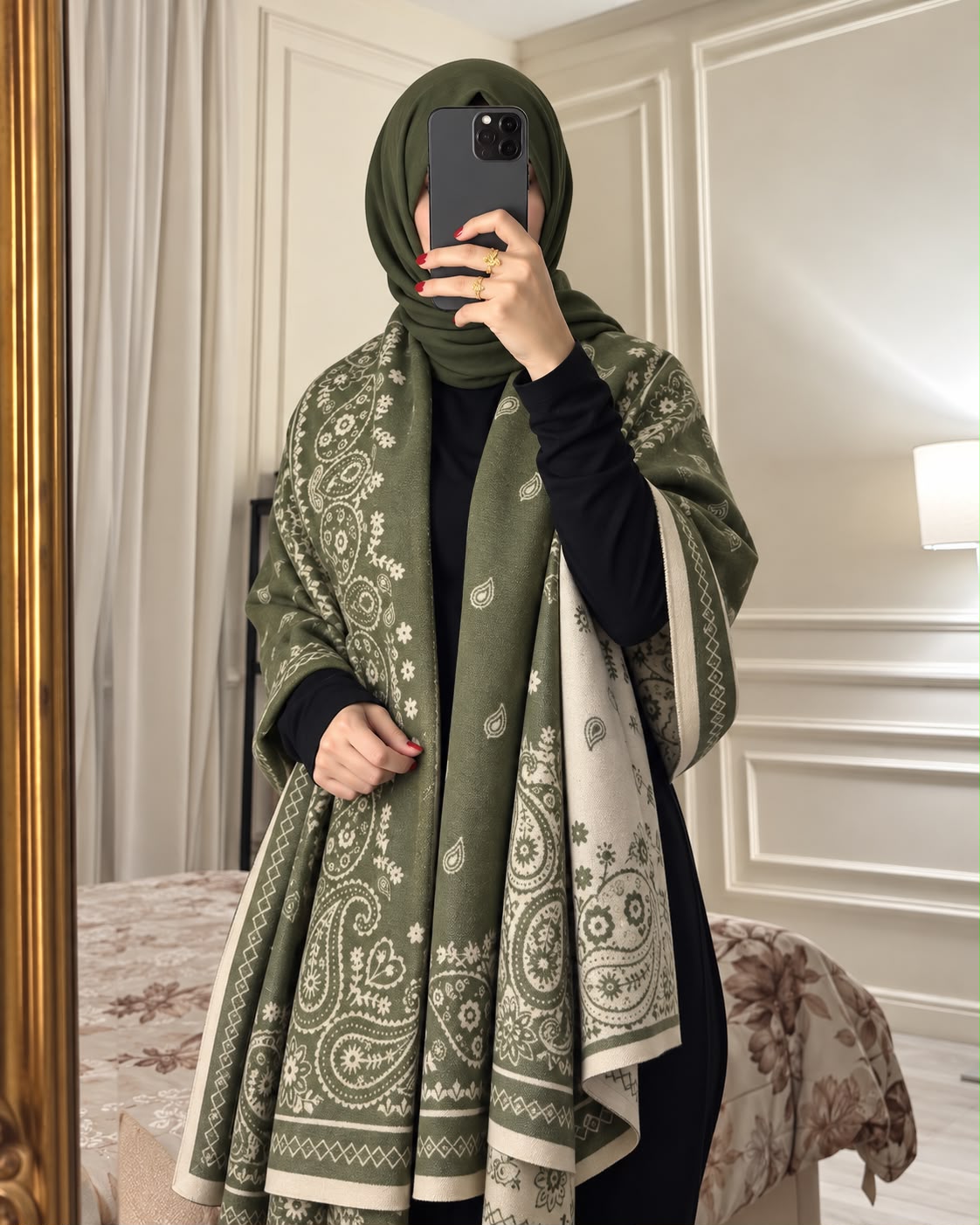 Olive green and ivory paisley reversible woolen wrap styled over a black modest outfit