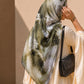 Olive Mist square chiffon georgette hijab with olive green, sage, grey, charcoal and ivory abstract print by Aynn Alif Pakistan