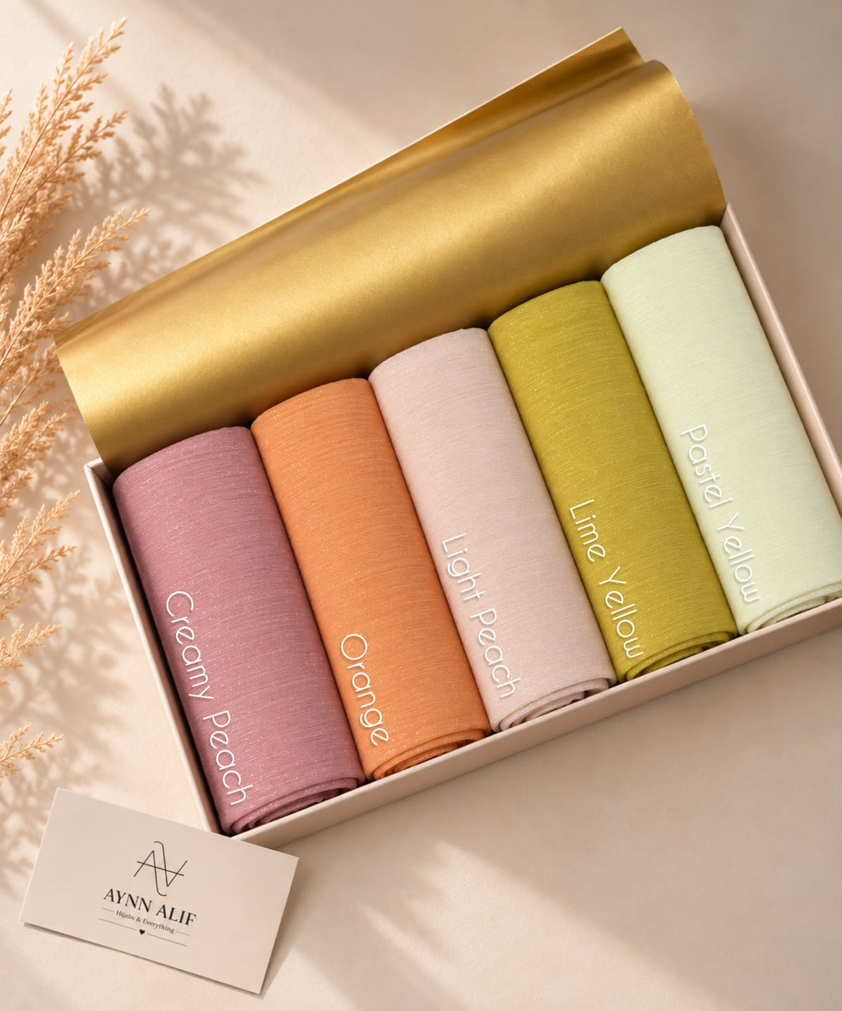Chiffon Zari Hijab collection in Creamy Peach, Orange, Light Peach, Lime Yellow and Pastel Yellow