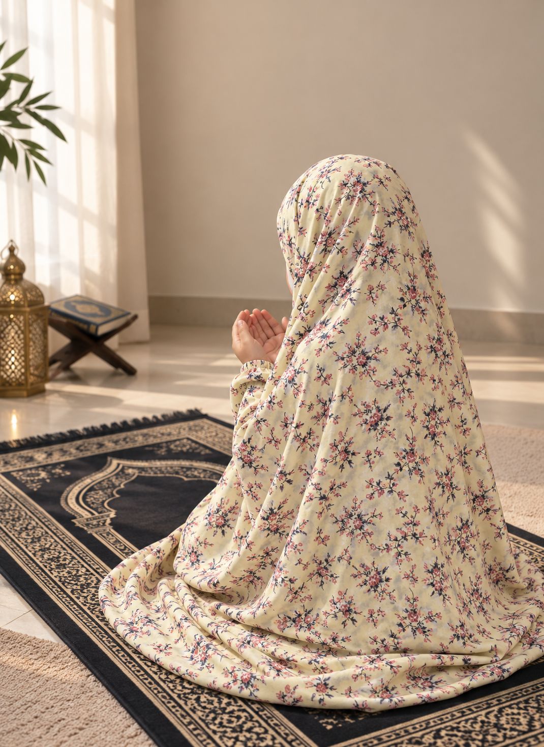 Aynn Alif pastel yellow floral Kids Namaz Chaadar in soft lawn fabric with elastic sleeves and under-chin fit, designed for comfortable Salah ages 5–9.