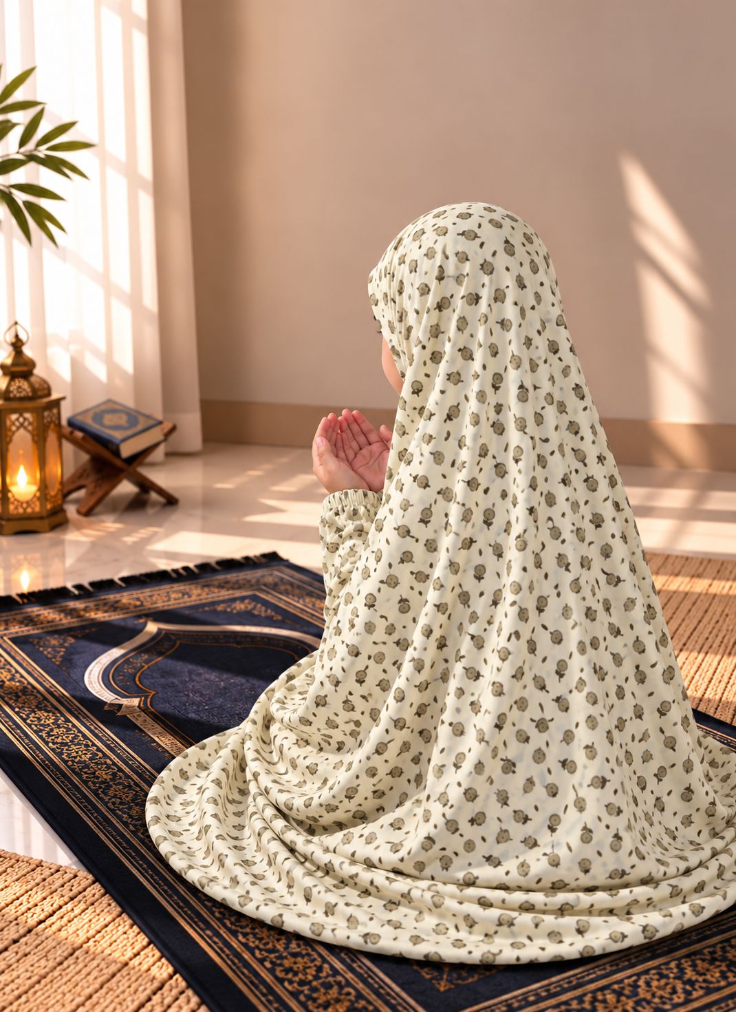 Aynn Alif Pastel Yellow Namaz Chaadar with floral print, soft lawn fabric, elastic sleeves and under-chin fit, designed for children aged 5–9.