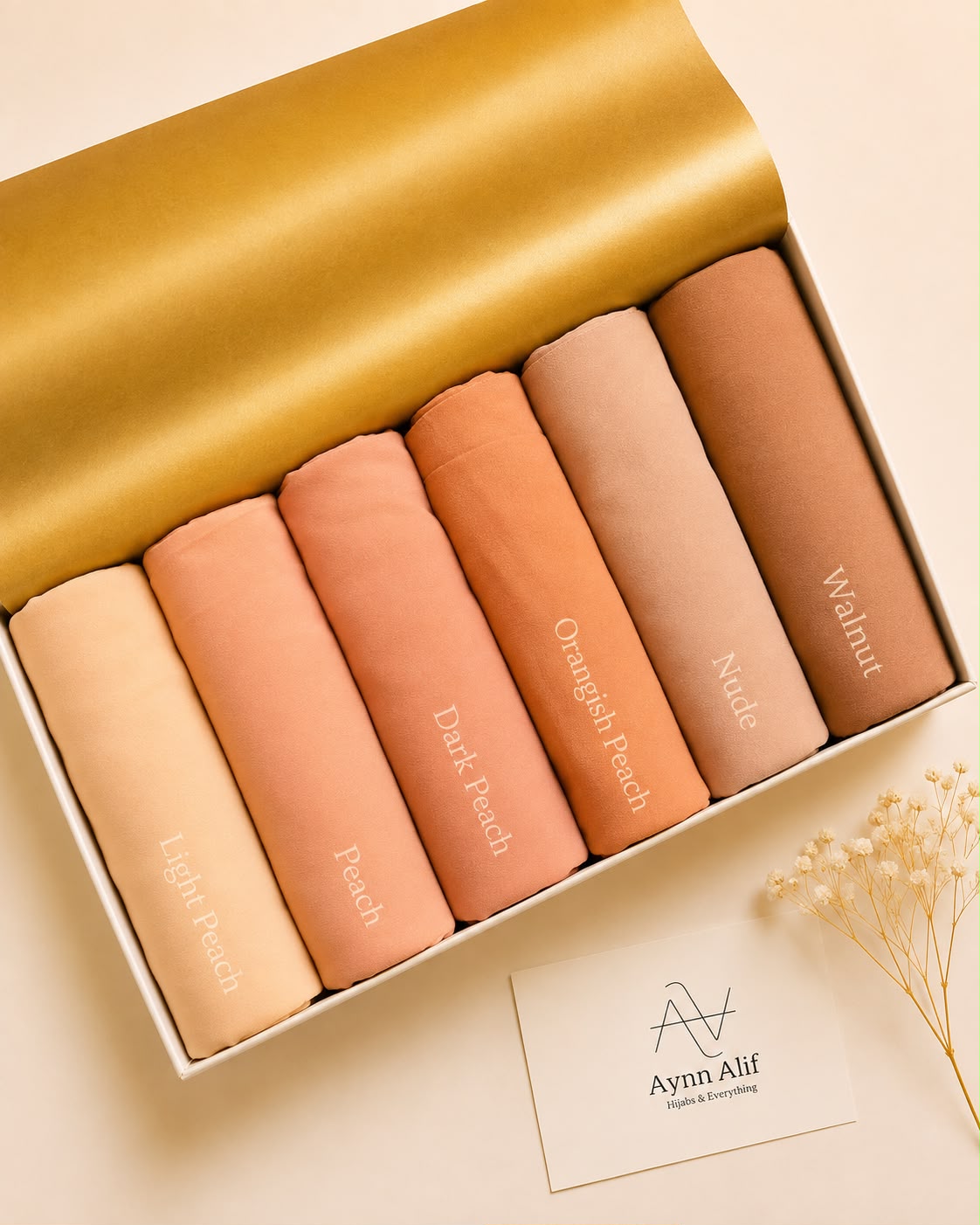 Peach Blossom Chiffon Georgette Hijab Collection by Aynn Alif featuring Light Peach, Peach, Dark Peach, Orangish Peach, Nude and Walnut hijabs.