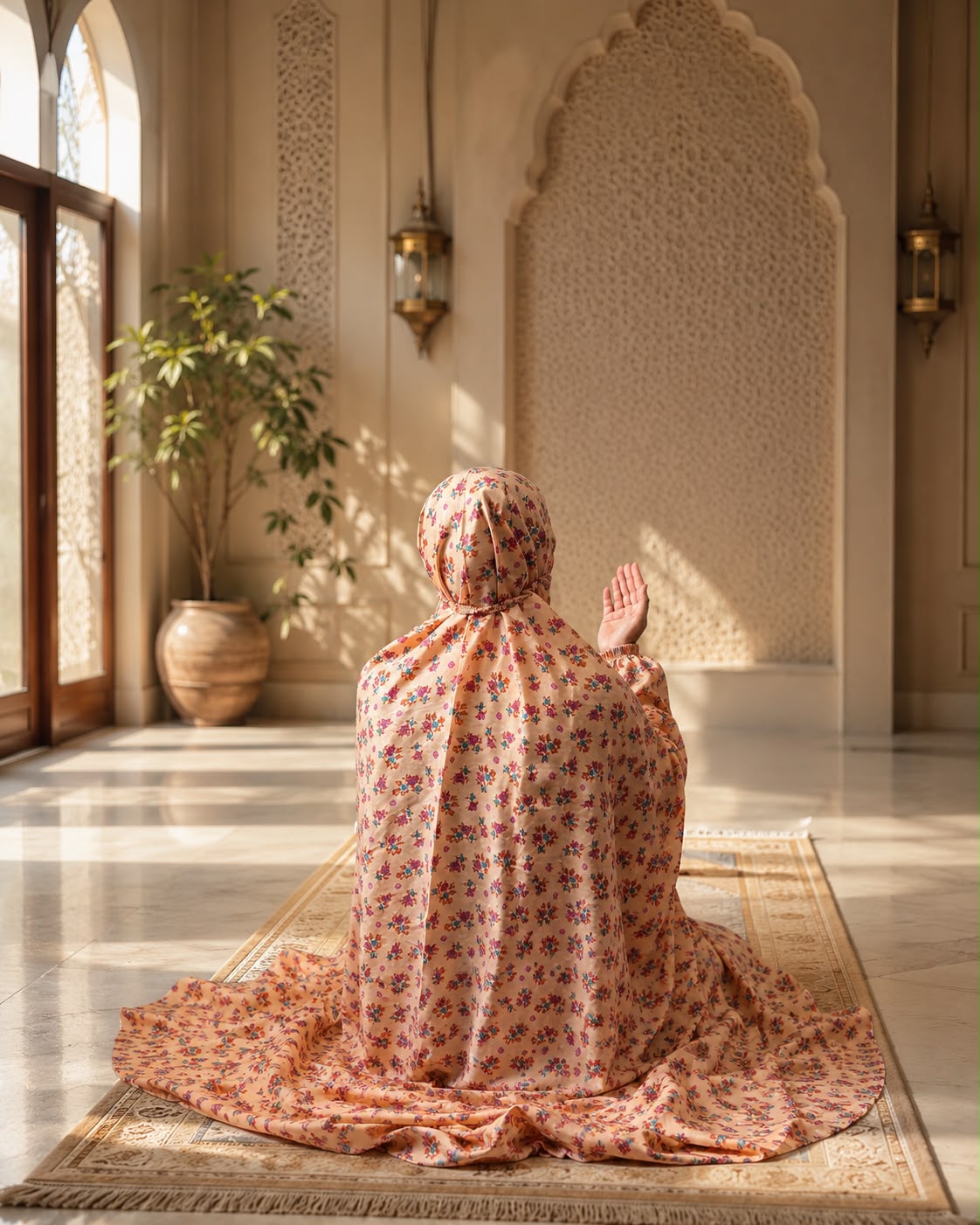 Peach floral lawn Namaz Chaadar with breathable fabric, elastic back head design, and wudu-friendly elastic sleeves for comfortable daily prayer.