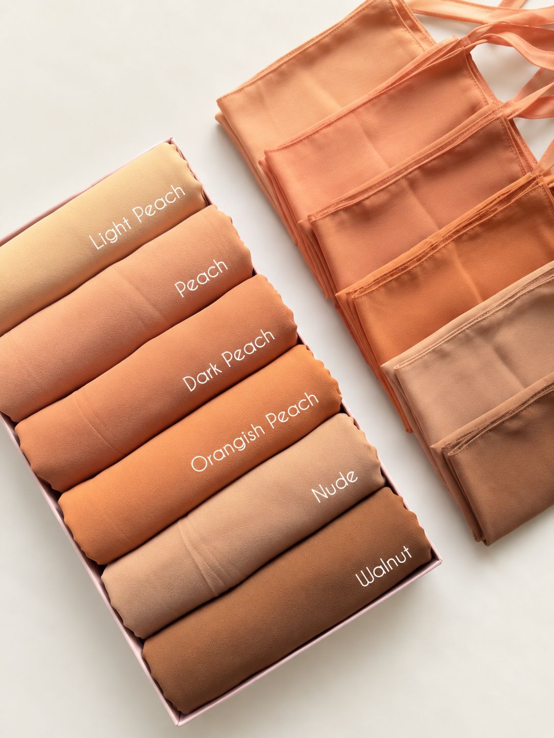 Chiffon georgette hijab and niqab set collection in Light Peach, Peach, Dark Peach, Orangish Peach, Nude and Walnut shades.