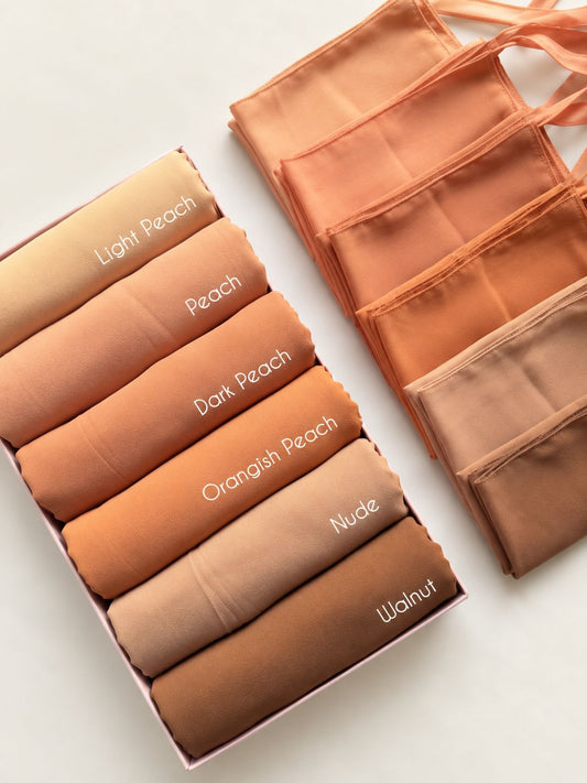 Chiffon georgette hijab and niqab set collection in Light Peach, Peach, Dark Peach, Orangish Peach, Nude and Walnut shades.