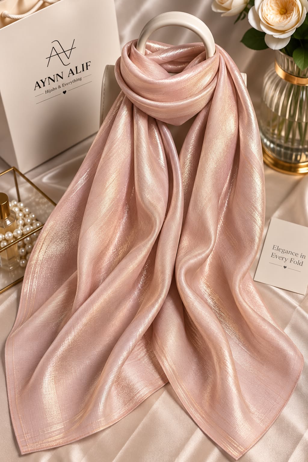 Peach Pearl double tone sheen silk scarf with a luminous pearlescent finish, smooth texture and elegant flowy drape by Aynn Alif.