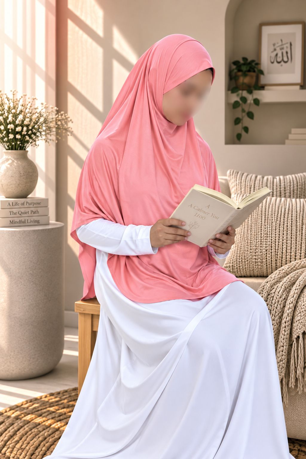 A woman wearing a pink hijab and a white long-sleeve dress sits on a wooden chair in a sunlit living room, holding an open book. The background includes a beige sofa, a plant, and a decorative side table.
