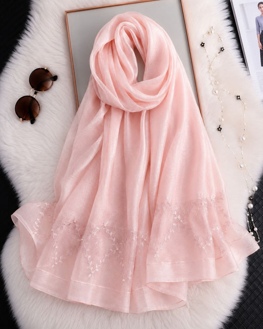 Peachish pink cotton silk hijab with embroidered organza border.