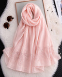 Peachish pink cotton silk hijab with embroidered organza border.