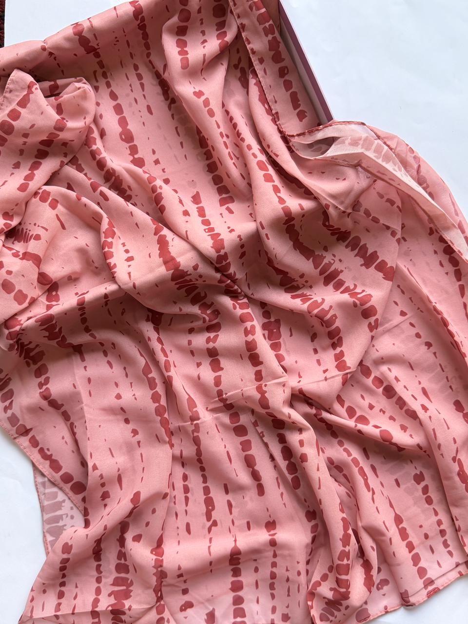 Peach pink chiffon georgette hijab with maroon tie dye pattern graceful drape