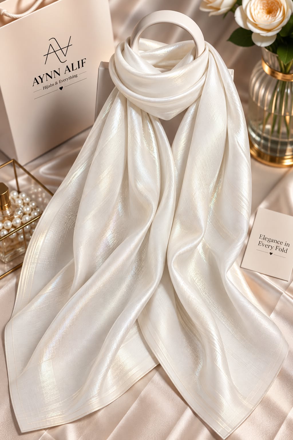 Pearl white double tone sheen silk scarf with a luminous pearlescent finish, smooth texture and elegant flowy drape by Aynn Alif.