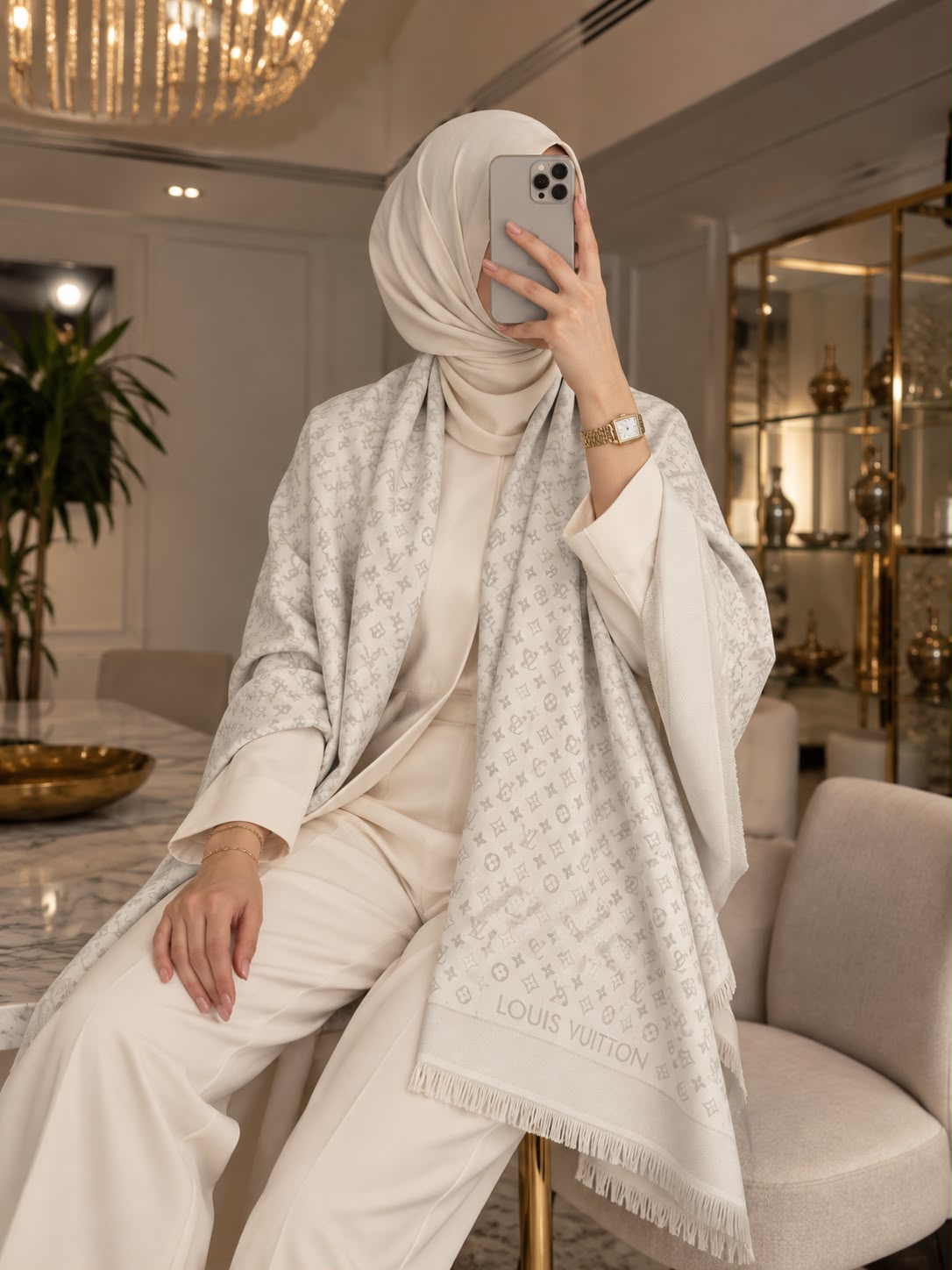 Pearl white monogram-inspired pashmina wrap with subtle tonal pattern, refined border and fringed edges styled for elegant winter layering.