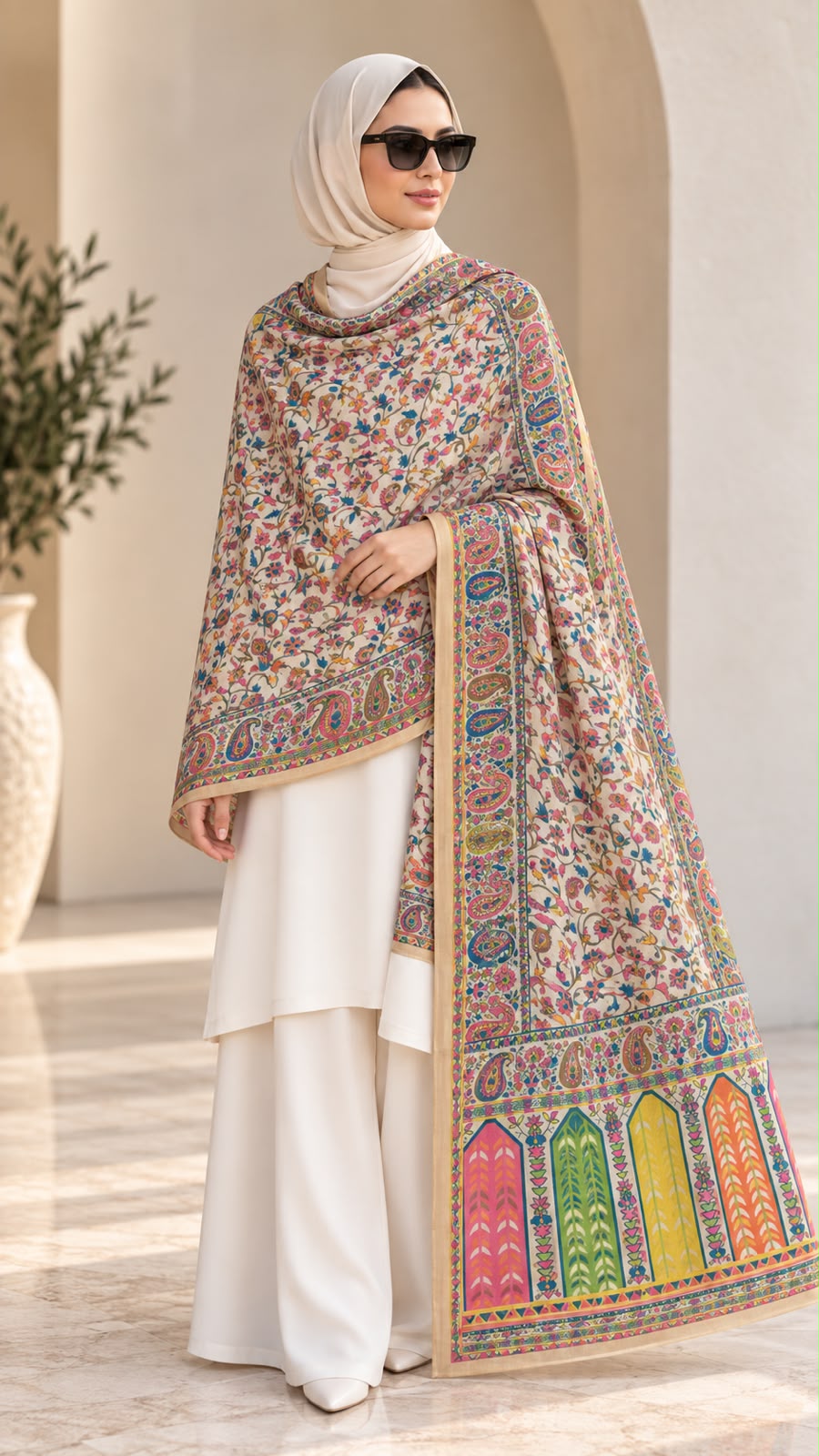 Pink blue floral paisley printed pashmina shawl with a light beige base and colourful pink, blue, green, and yellow decorative borders, styled over a white outfit.
