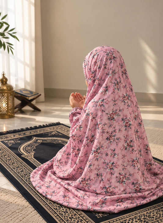 Aynn Alif pink floral Kids Namaz Chaadar in soft lawn fabric with elastic sleeves and under-chin fit, designed for comfortable Salah for ages 5–9.