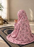 Aynn Alif pink floral Kids Namaz Chaadar in soft lawn fabric with elastic sleeves and under-chin fit, designed for comfortable Salah for ages 5–9.