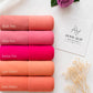 Aynn Alif Blush Pink, Rose Pink, Barbie Pink, Light Peach and Dark Peach chiffon georgette hijabs with matching plain jersey tube bands.
