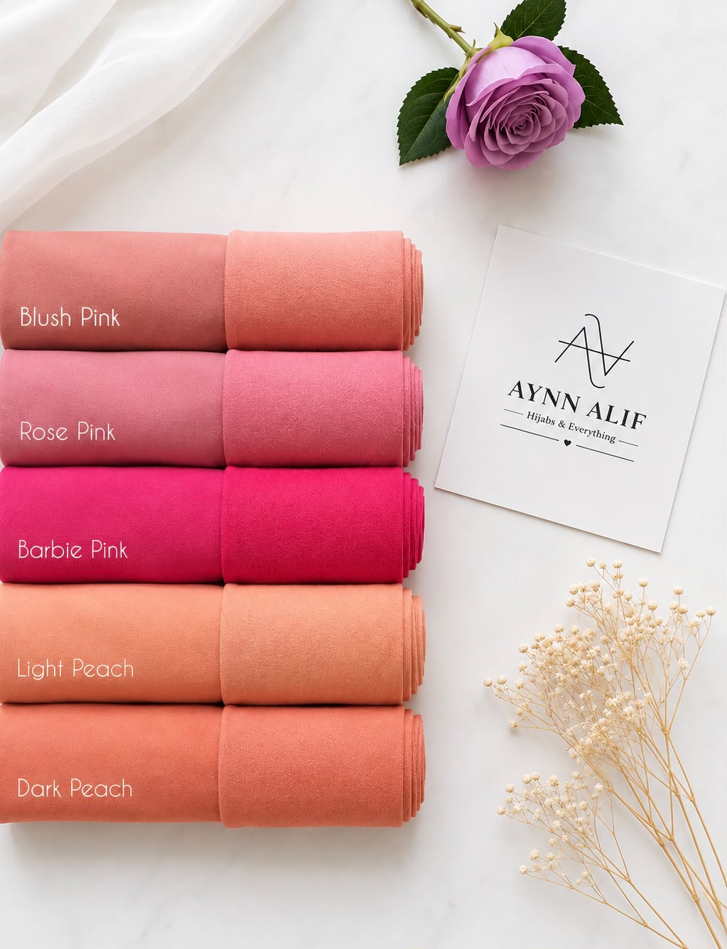 Aynn Alif Blush Pink, Rose Pink, Barbie Pink, Light Peach and Dark Peach chiffon georgette hijabs with matching plain jersey tube bands.
