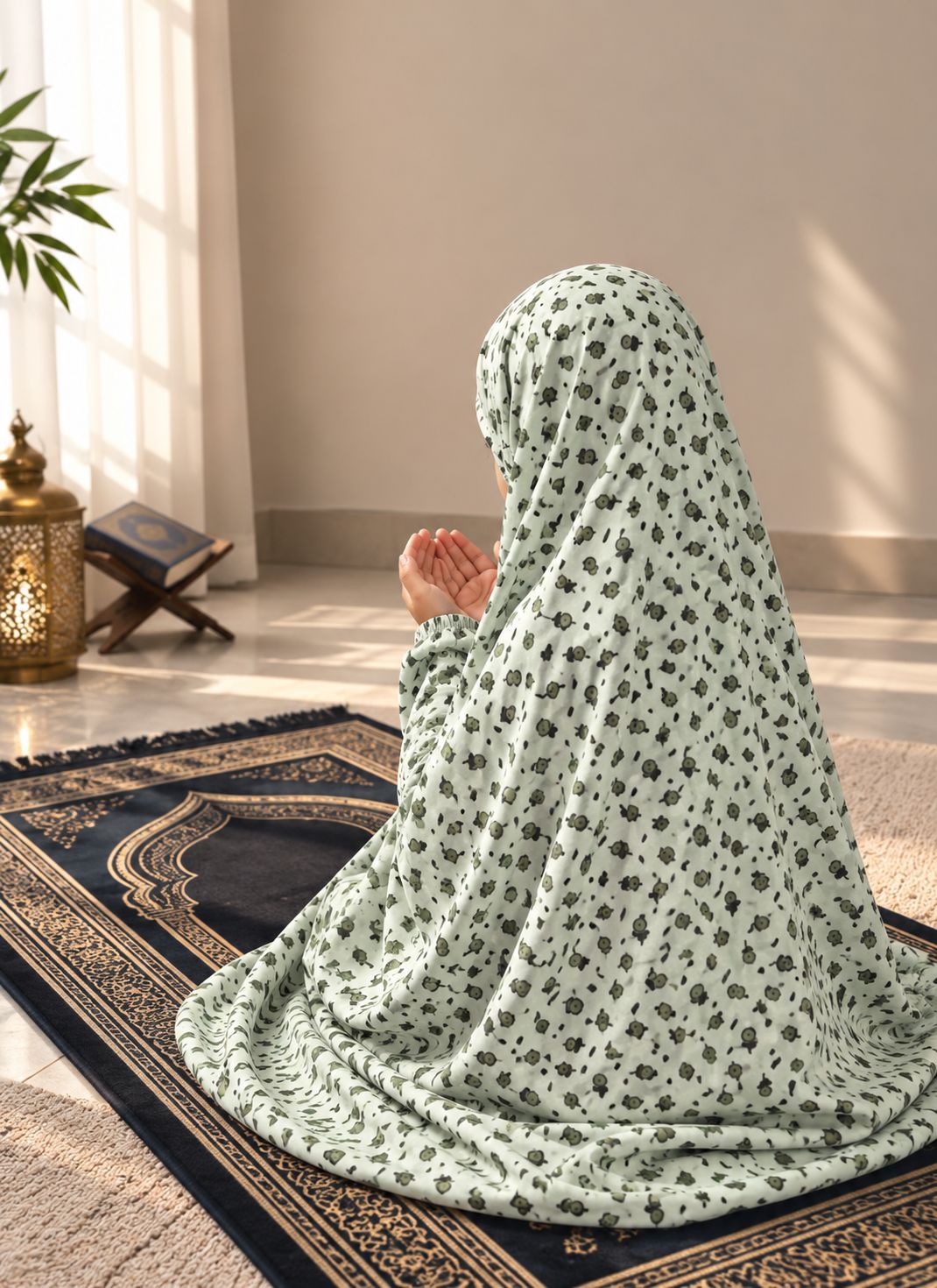 Aynn Alif Pista Green Kids Namaz Chaadar in soft lawn fabric with elastic sleeves and under-chin fit, designed for comfortable Salah ages 5–9.