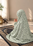 Aynn Alif Pista Green Kids Namaz Chaadar in soft lawn fabric with elastic sleeves and under-chin fit, designed for comfortable Salah ages 5–9.
