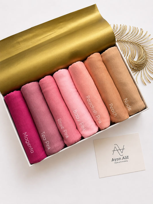 Plain jersey hijabs in Pink Shades and soft pastel shades arranged in a box