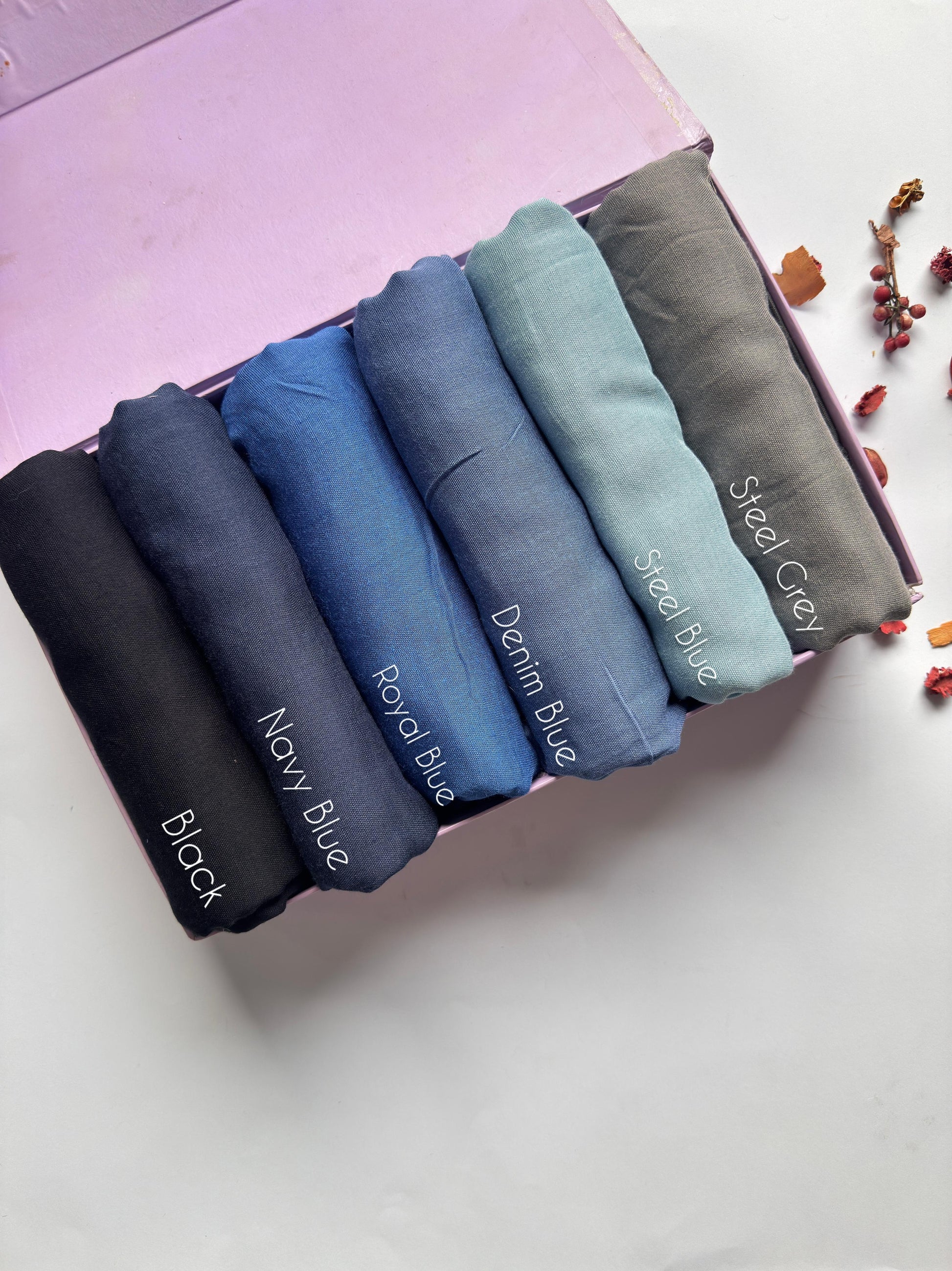 Aynn Alif plain modal lawn hijab collection in Black, Navy Blue, Royal Blue, Denim Blue, Steel Blue and Steel Grey shades.