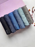Aynn Alif plain modal lawn hijab collection in Black, Navy Blue, Royal Blue, Denim Blue, Steel Blue and Steel Grey shades.