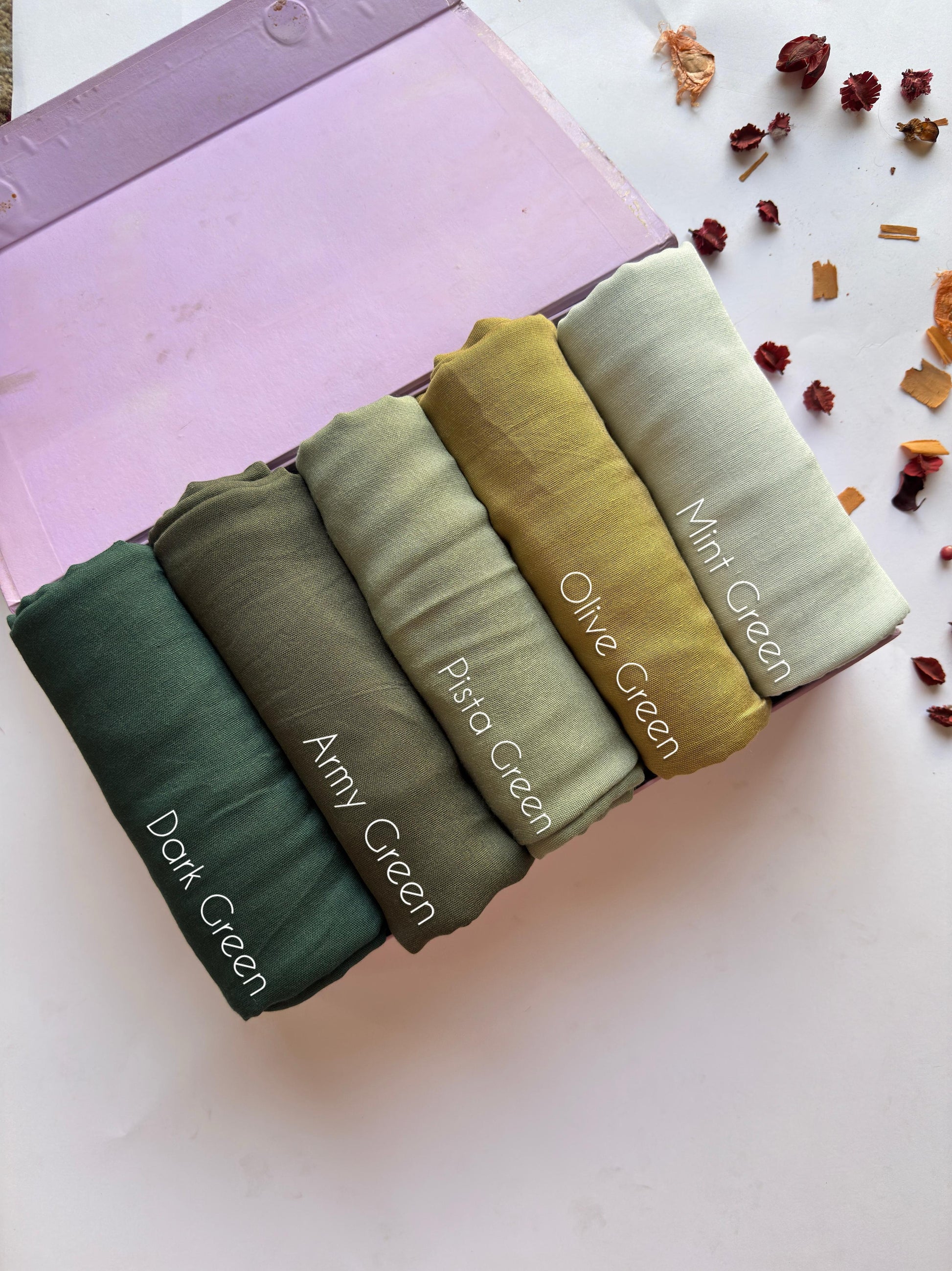 Aynn Alif Plain Modal Lawn Hijab Collection featuring Dark Green, Army Green, Pista Green, Olive Green and Pastel Green shades