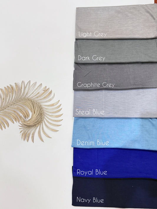 Grey blue plain tube bands underscarf light dark graphite denim royal navy hijab cap