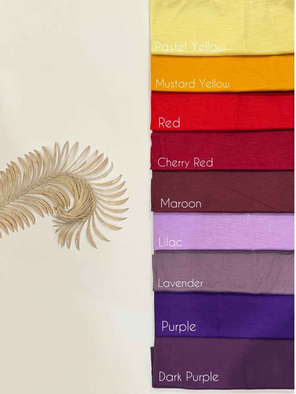 Plain tube underscarf bands in pastel yellow, mustard yellow, red, cherry red, maroon, lilac, lavender, purple and dark purple shades for hijab undercap use.
