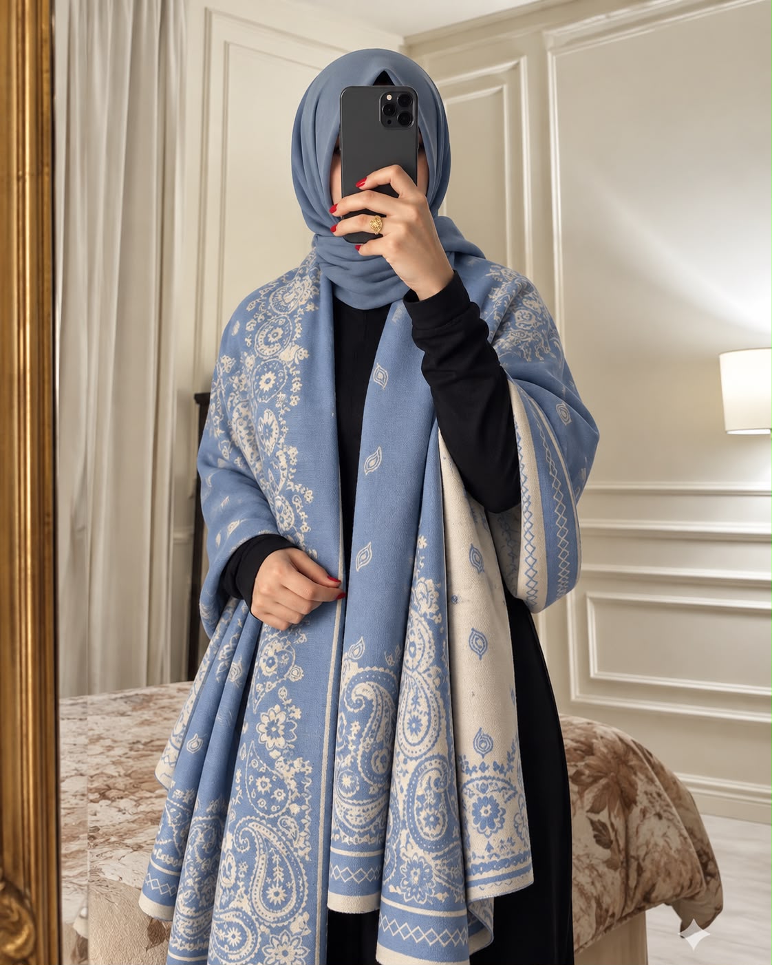 Powder blue and ivory paisley reversible woolen wrap styled over a black modest outfit