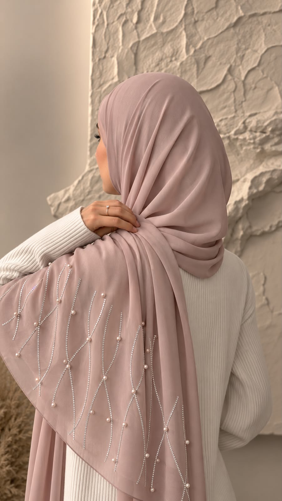 Powder pink chiffon georgette hijab with delicate stone and pearl embellishments