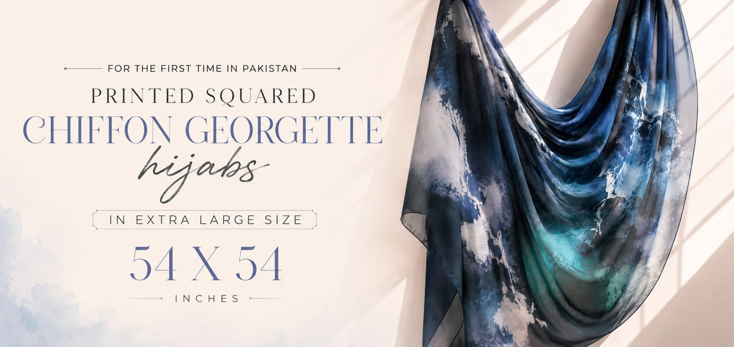 A draped chiffon georgette hijab scarf with a blue, teal, and white cloud-like print, shown next to promotional text reading 'Printed Squared Chiffon Georgette hijabs' and size details '54 x 54 inches'.