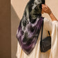 Black, and purple abstract square chiffon georgette hijab with lilac and ivory accents by Aynn Alif Pakistan