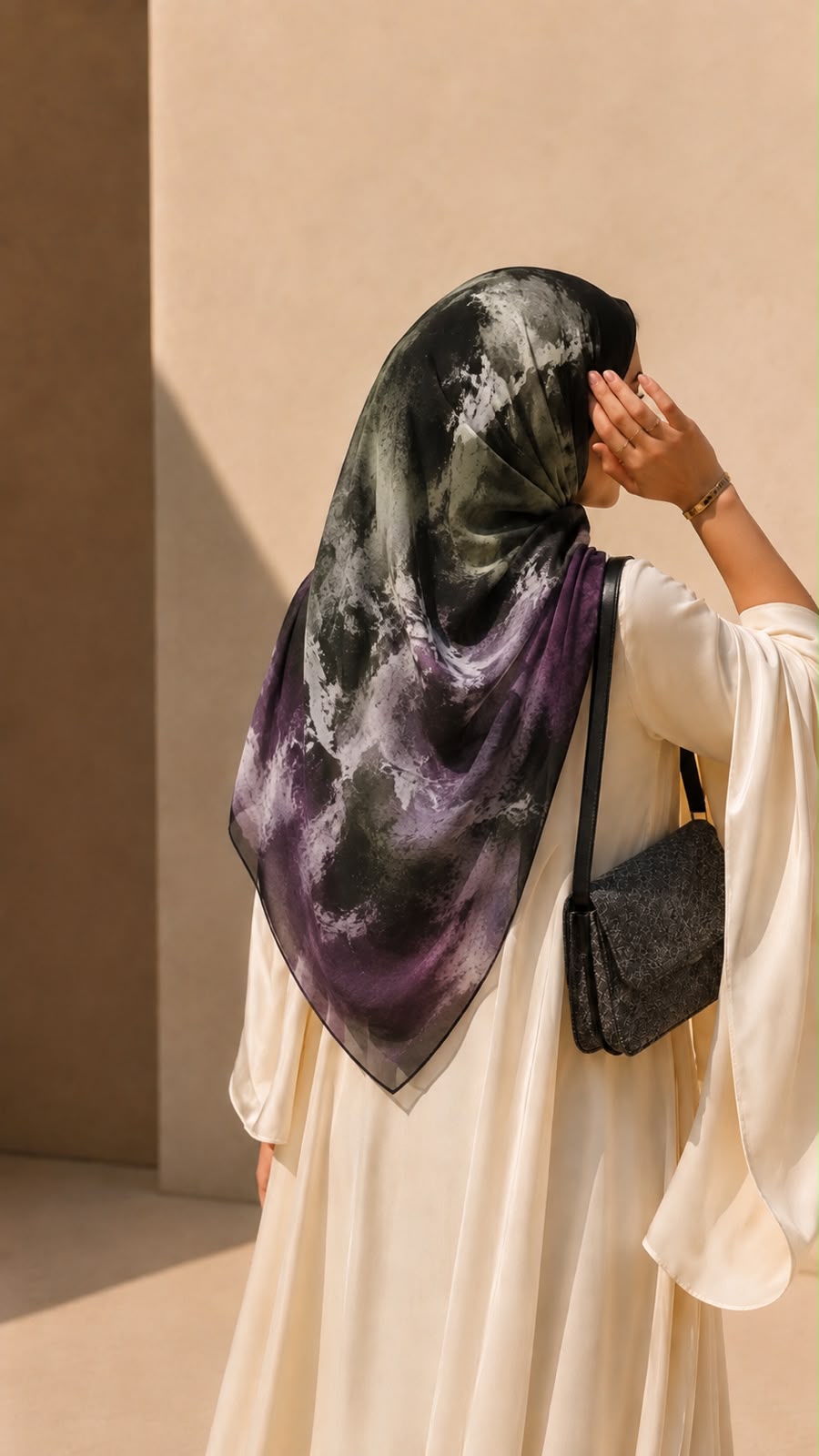 Black, and purple abstract square chiffon georgette hijab with lilac and ivory accents by Aynn Alif Pakistan
