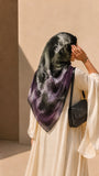 Black, and purple abstract square chiffon georgette hijab with lilac and ivory accents by Aynn Alif Pakistan