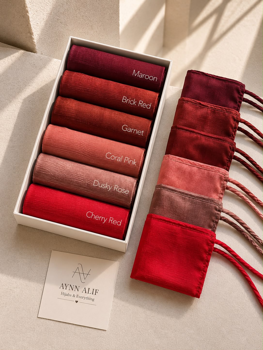 Crinkle silk hijab and matching niqab sets in Maroon, Brick Red, Garnet, Coral Pink, Dusky Rose and Cherry Red.