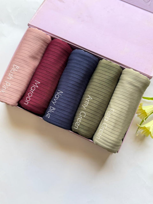 Colourful ribbed jersey hijab set pink maroon navy green soft breathable fabric